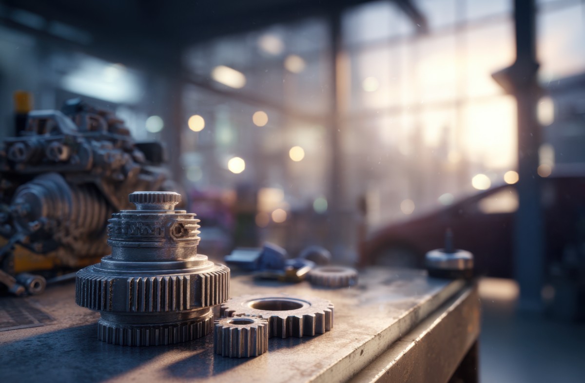 機械工場の作業場にある精密歯車とエンジン部品