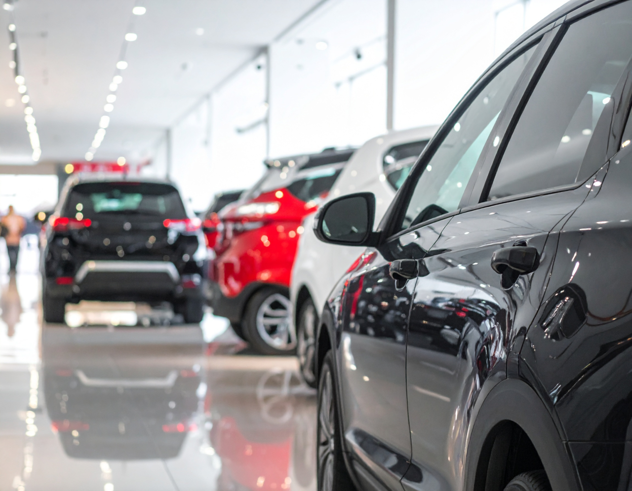 明るいショールームに展示された黒と赤の車両