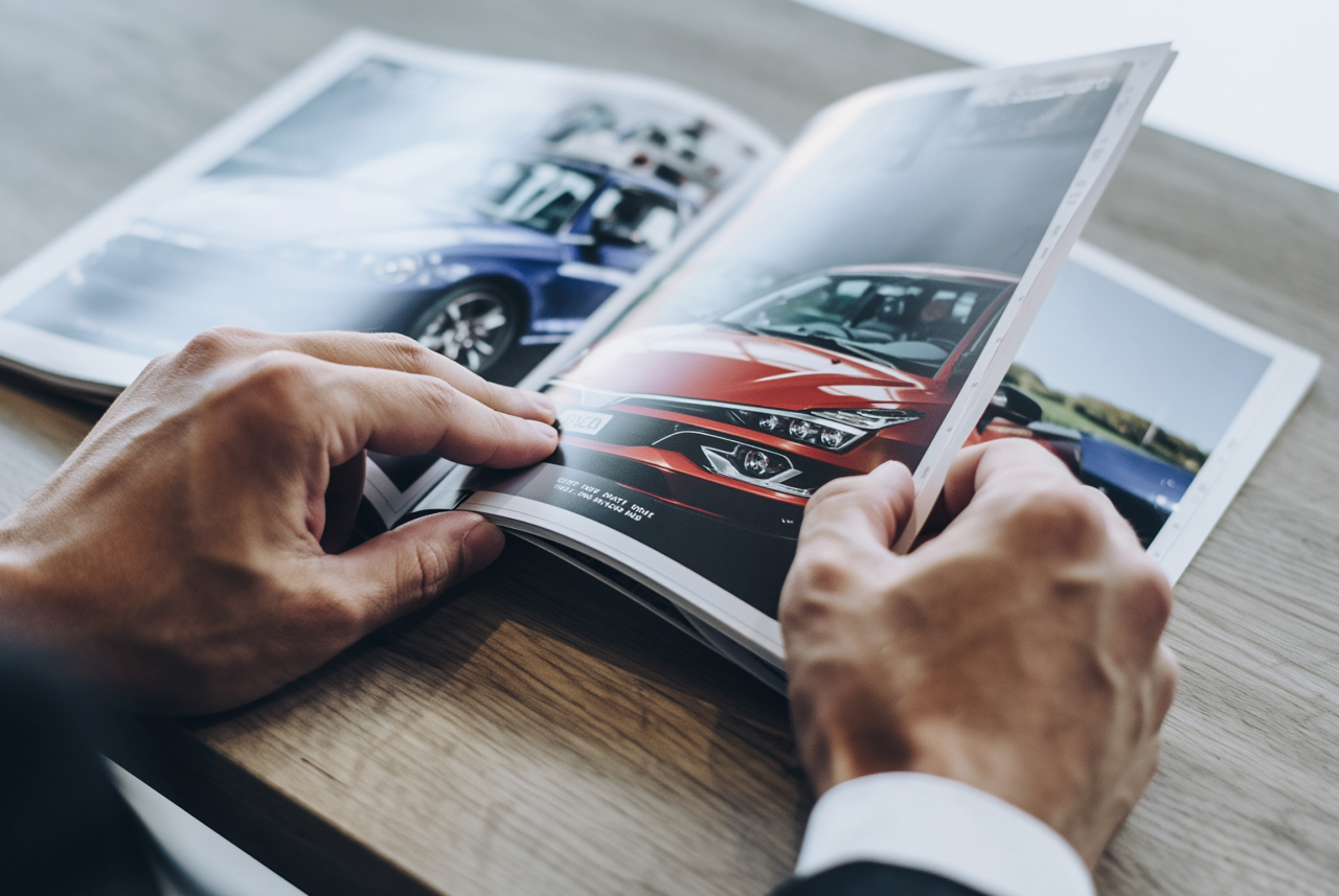 自動車カタログを読む男性の手元