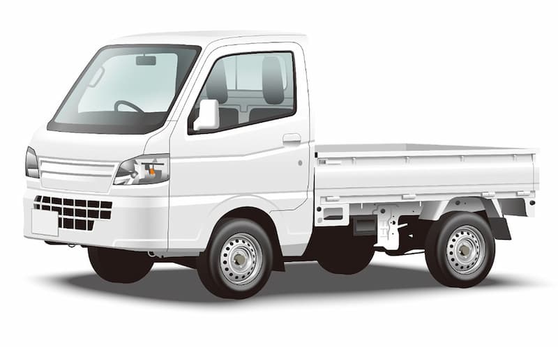 白い小型軽トラックの正面斜めアングル