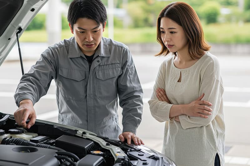 車の整備について相談する女性と整備士の接客風景