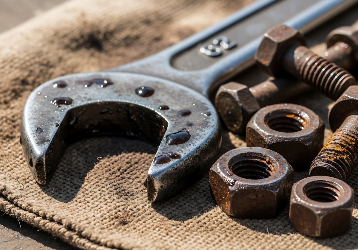 作業後の濡れたレンチとボルトナット類の工具セット